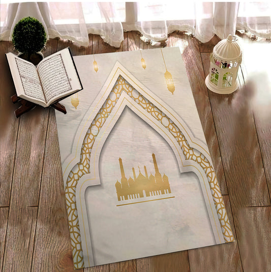Gold and White Color Prayer Mat, Mosque Themed Prayer Rug, Turkish Prayer Carpet, Ramadan Holiday Gift