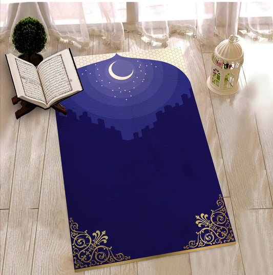 Blue Prayer Rug, Crescent Themed Prayer Mat, Prayer Room Mat, Modern Islamic Rug