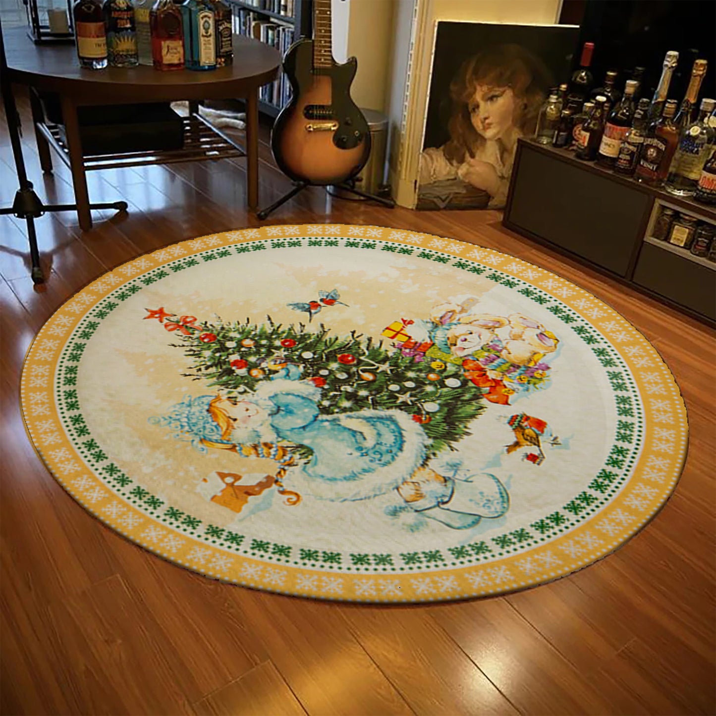 Christmas Tree Themed Rug, Christmas Round Mat, Retro Style Merry Christmas Carpet, New Year Gift