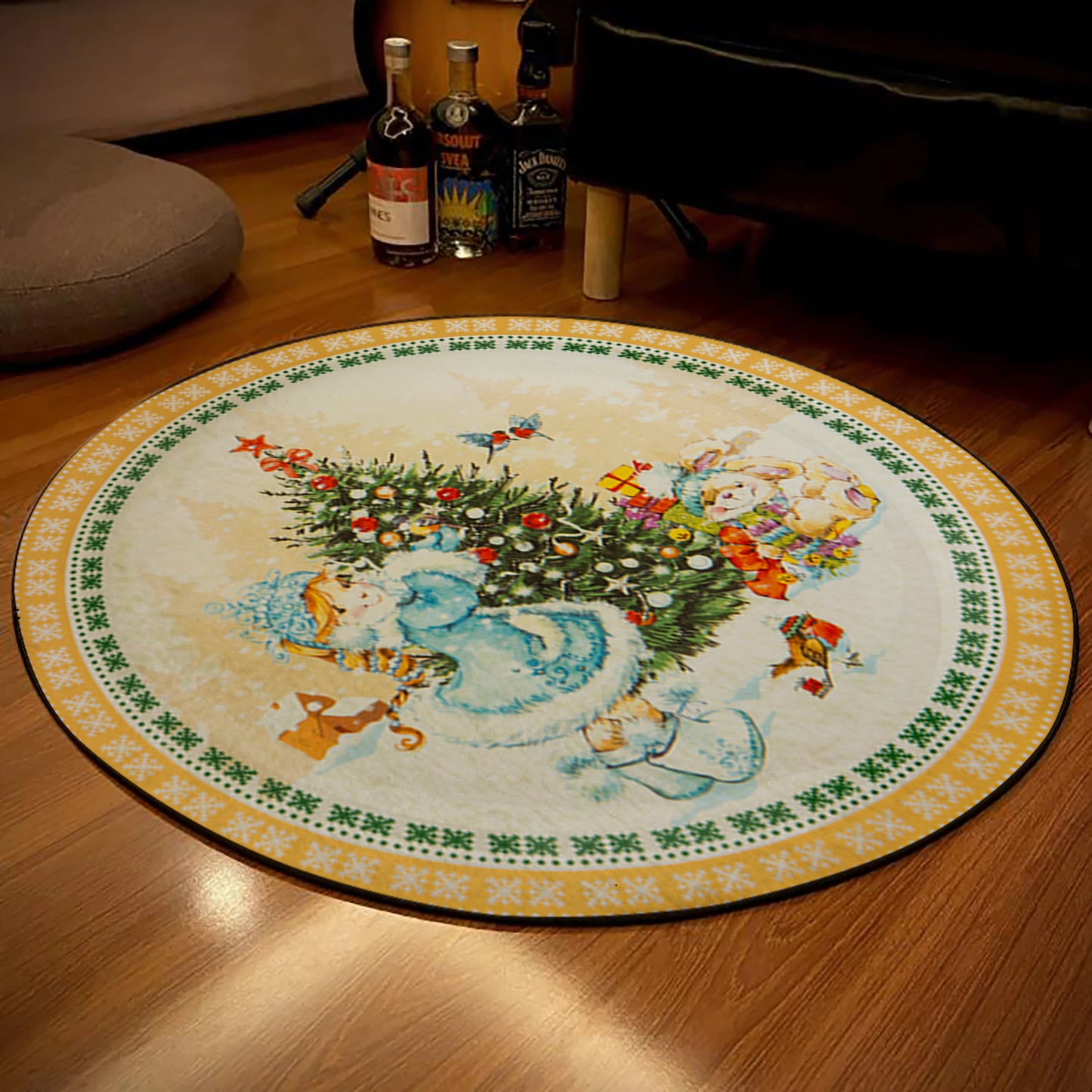 Christmas Tree Themed Rug, Christmas Round Mat, Retro Style Merry Christmas Carpet, New Year Gift