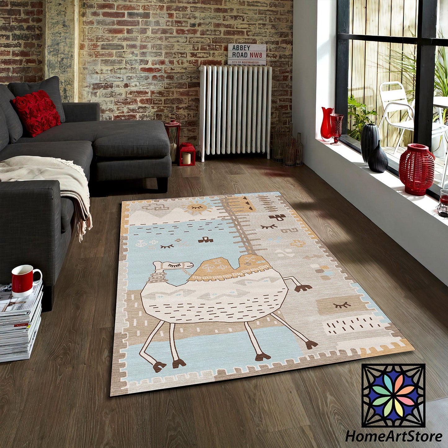 Camel Rug, Desert Theme Carpet, Moroccan Style Floor Mat, Kids Room Play Mat, Playroom Decor