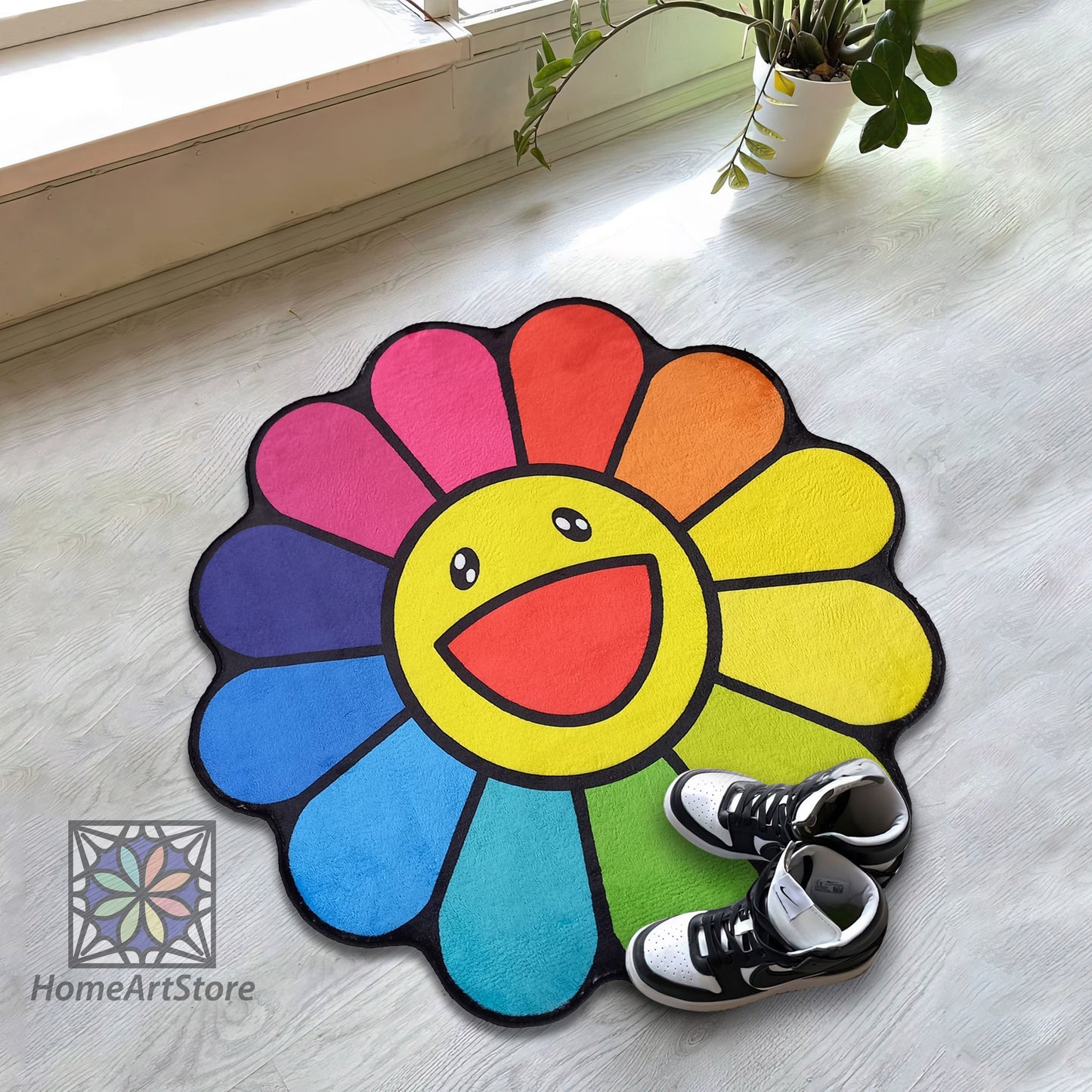 Takashi Murakami Rug, Colorful Daisy Flower Carpet, LGBT Decor, Hypebeast Area Mat, Sneakerhead Gift