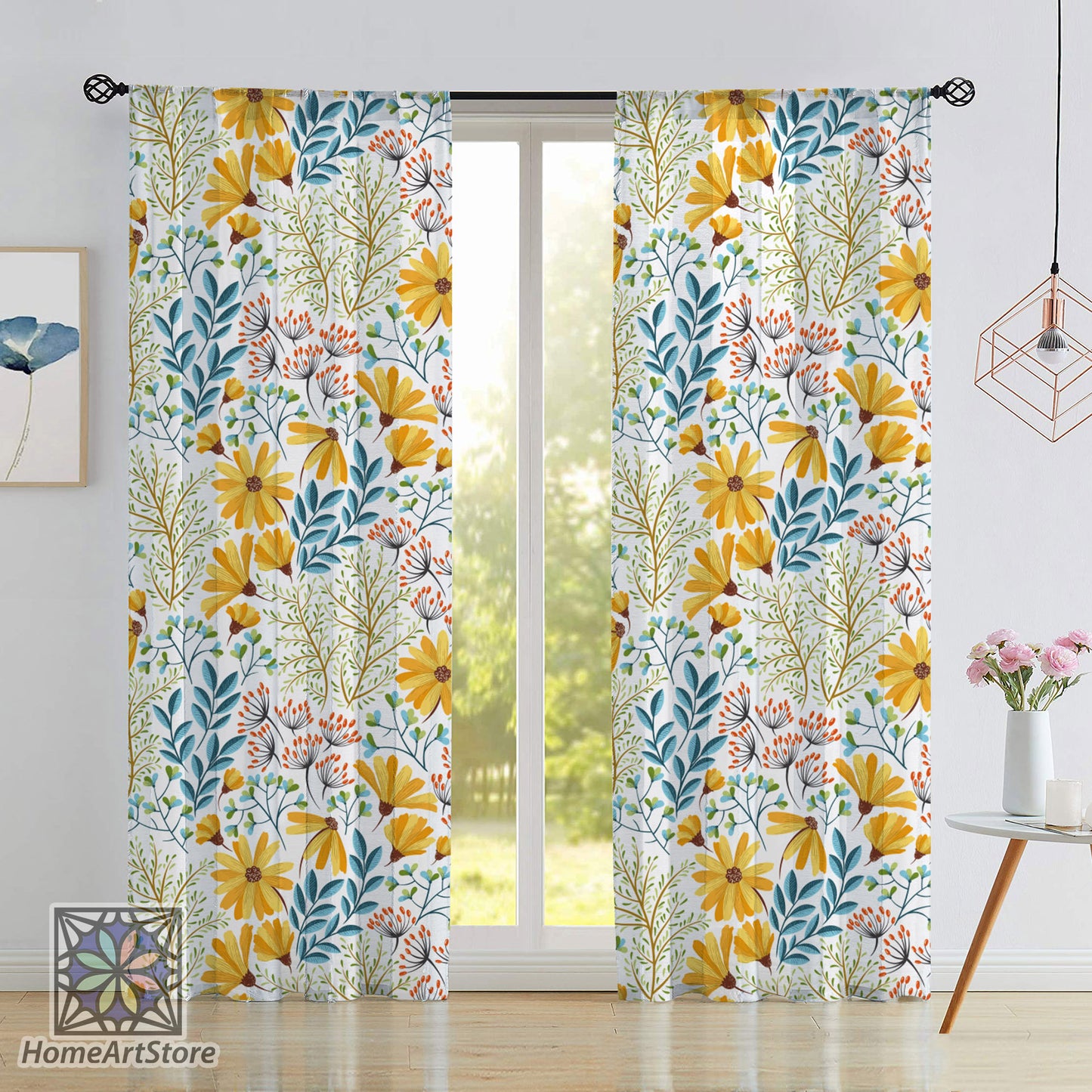 Spring Flower Curtain, Yellow Floral Curtain, Bohemian Curtain, Decorative Home Decor