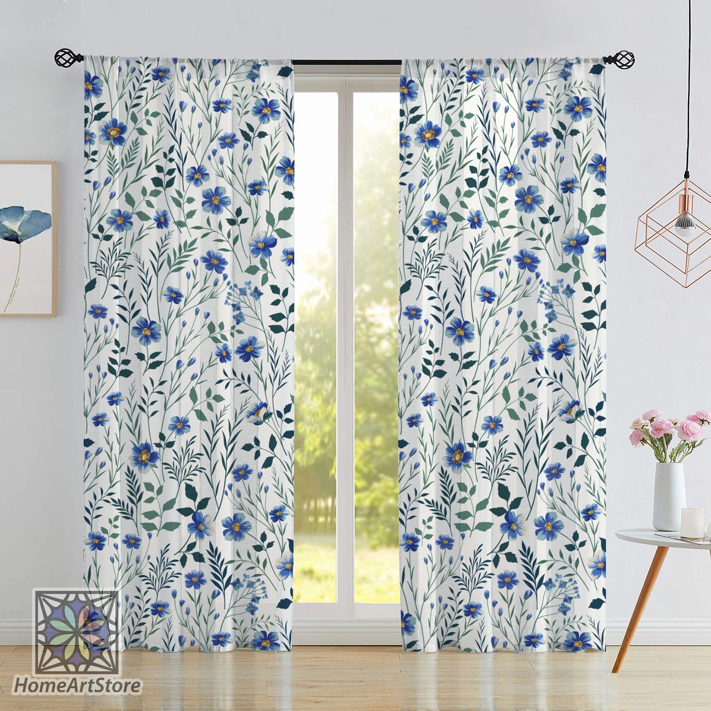 Blue Floral Curtain, Kids Room Curtain, Decorative Home Decor, Kitchen Curtain, Flower Curtain