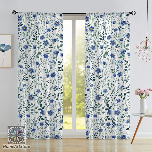 Blue Floral Curtain, Kids Room Curtain, Decorative Home Decor, Kitchen Curtain, Flower Curtain