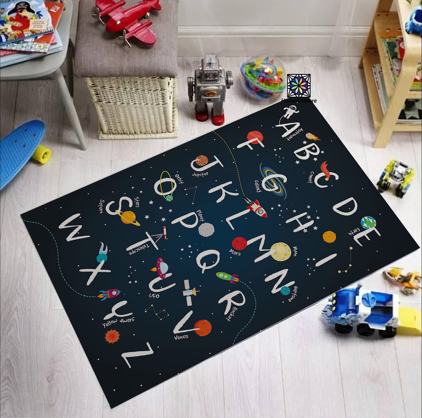 Alphabet Rug, Space Themed Carpet, Educational Nursery Rug, ABC Rug, Kids Room Decor, Gift for Kids