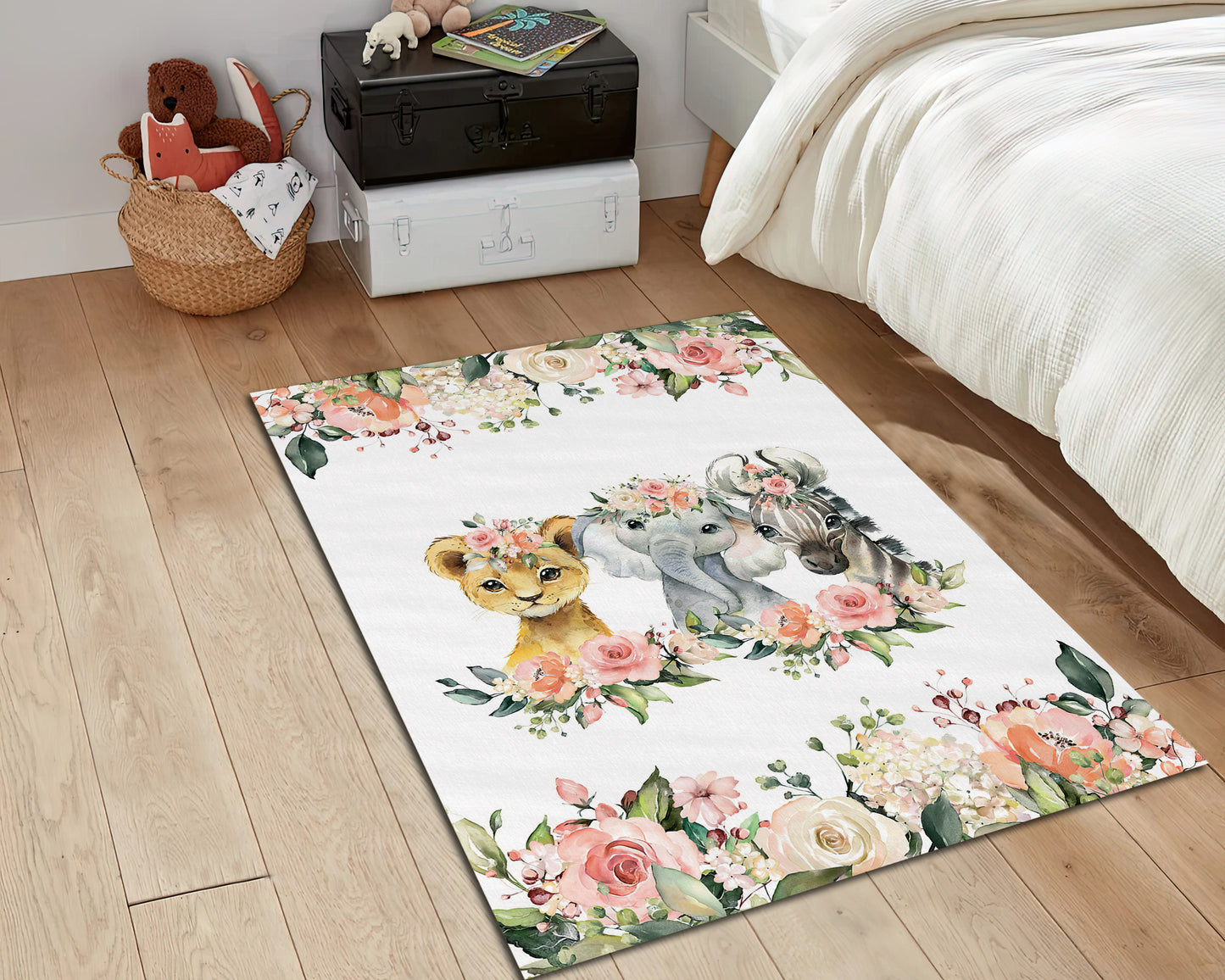 Floral Nursery Rug, Baby Animals Rug, Lion, Zebra, Elephant, Baby Room Carpet, Baby Gift