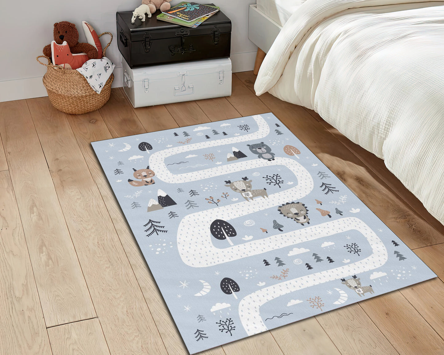 Blue Baby Room Rug, Animal Printed Carpet, Kids Room Mat, Nursery Decor, Baby Gift
