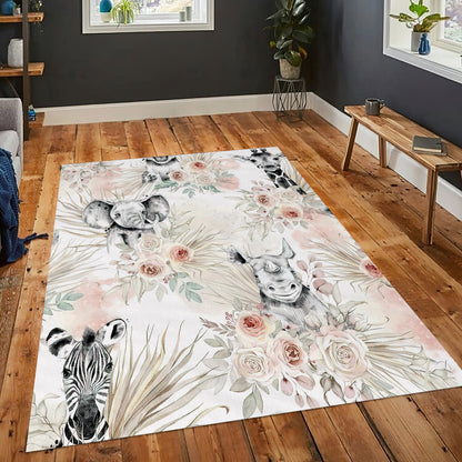 Baby Safari Animals Rug, Elephant Carpet, Giraffe Mat, Baby Room Rug, Nursery Floral Mat