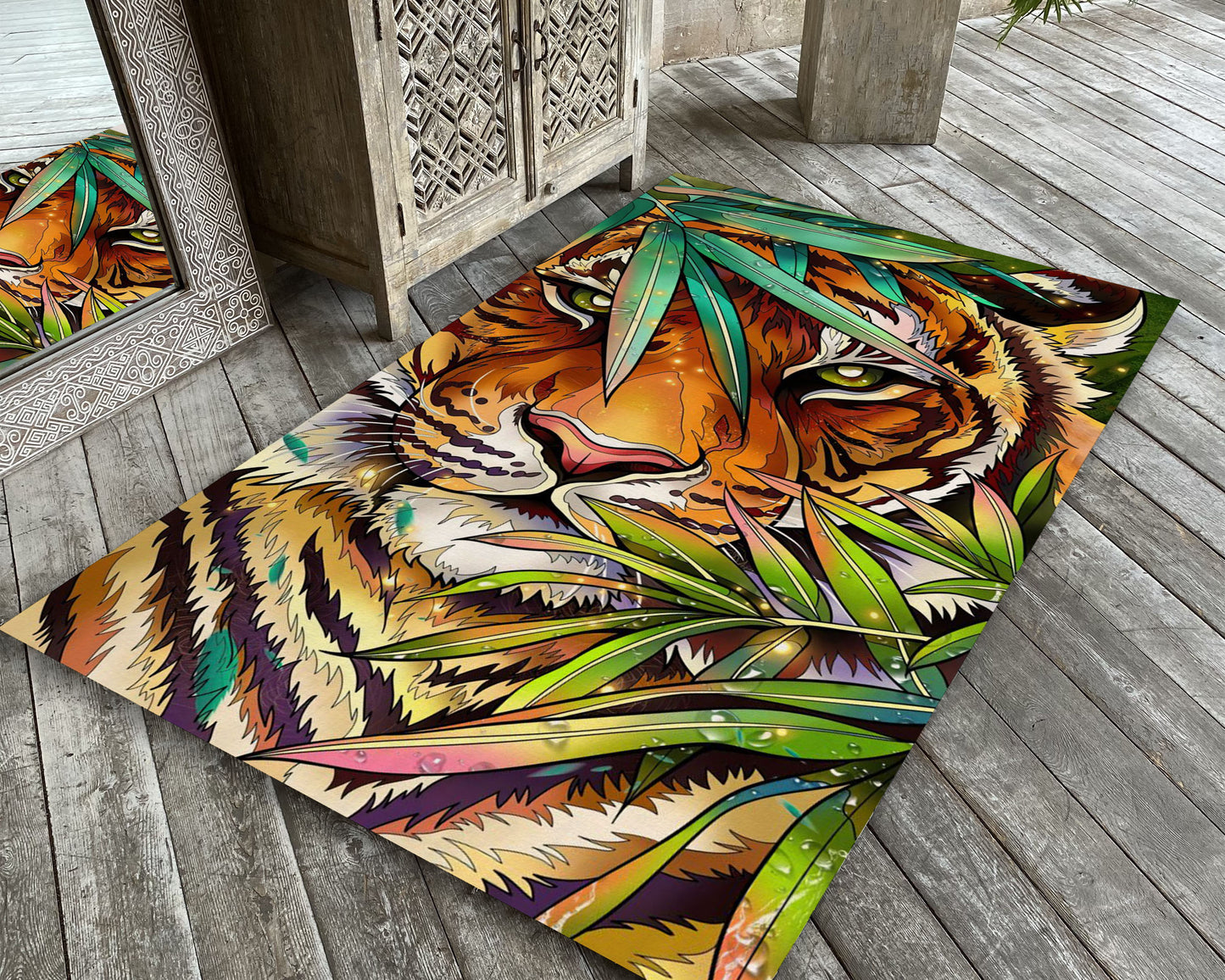 Tiger Themed Rug, Tropical Carpet, Luxury Decor, Living Room Rug, Animal Mat