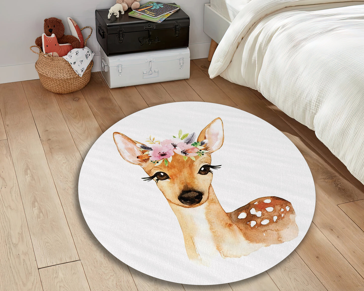 Floral Animal Rug, Cute Gazelle Carpet, Baby Mat, Nursery Decor, Custom Baby Rug
