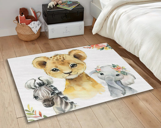 Baby Animals Rug, Lion, Zebra, Elephant, Cute Baby Room Carpet, Nursey Play Mat, Baby Gift