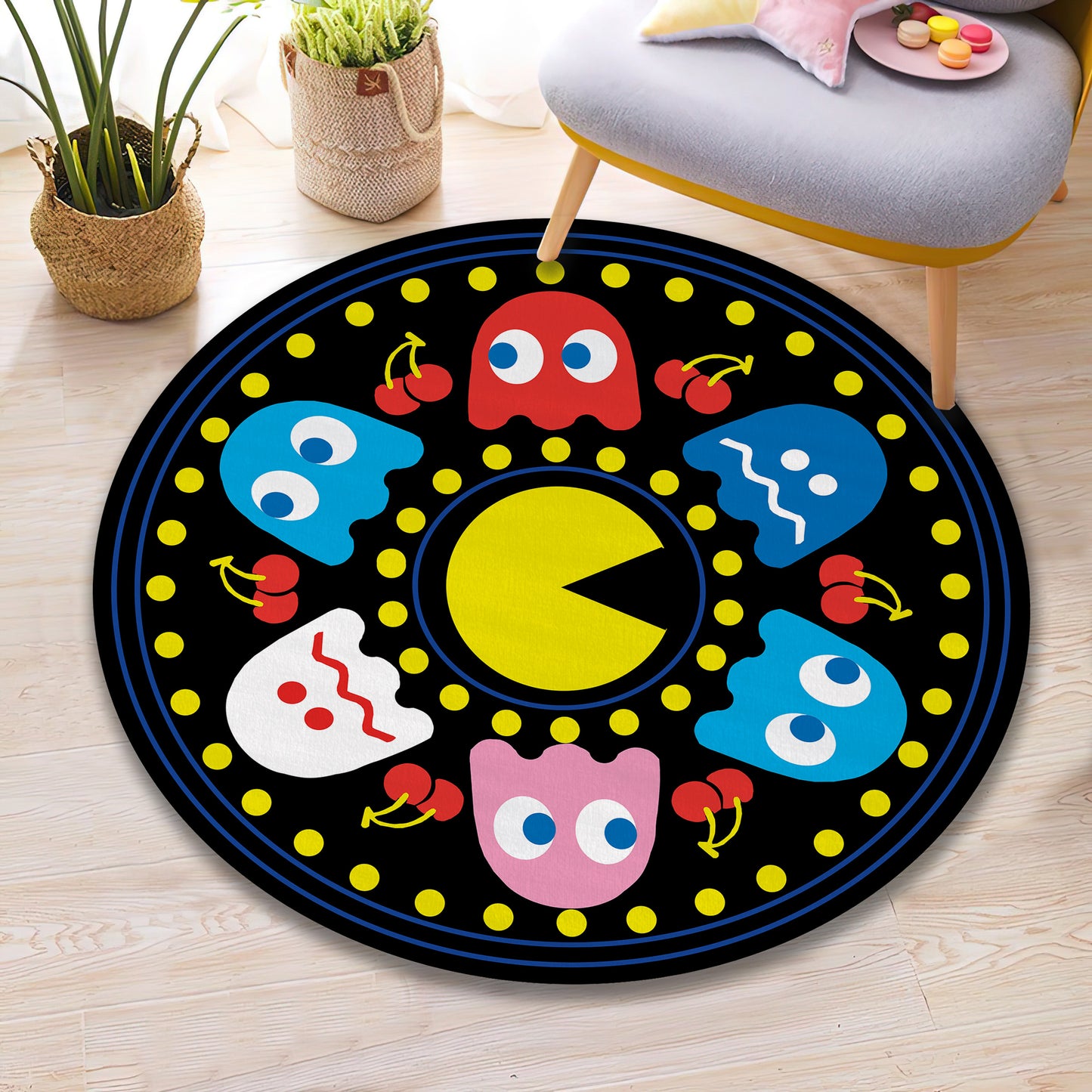 Pacman Rug, Colorful Gaming Chair Mat, Retro Arcade Game Decor, Video Game Carpet, Nostalgic Gaming Rug