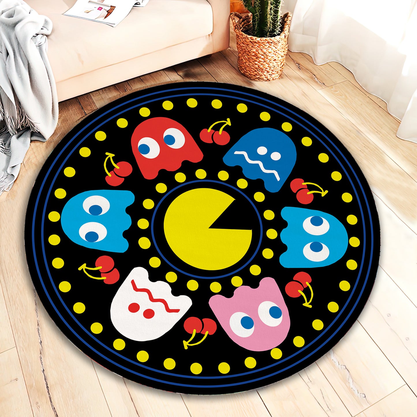 Pacman Rug, Colorful Gaming Chair Mat, Retro Arcade Game Decor, Video Game Carpet, Nostalgic Gaming Rug