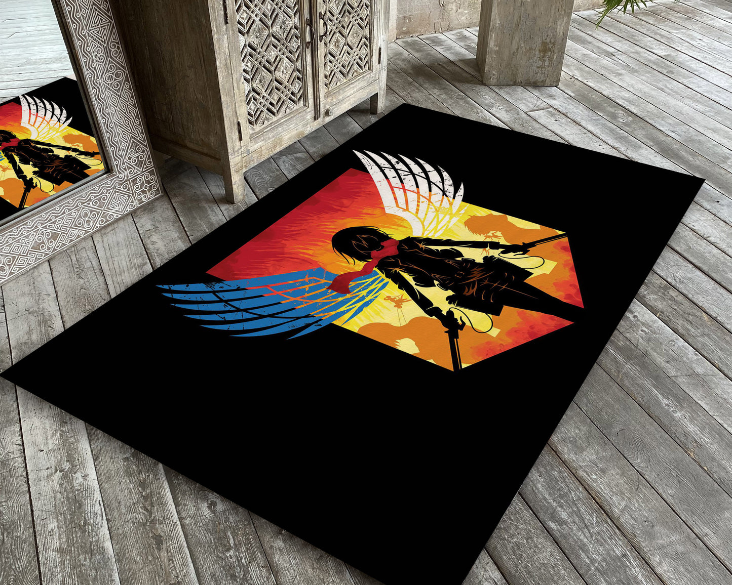 Attack on Titan Rug, Mikasa Patterned Round Carpet, Fantastic Anime Rug, Colorful Movie Mat
