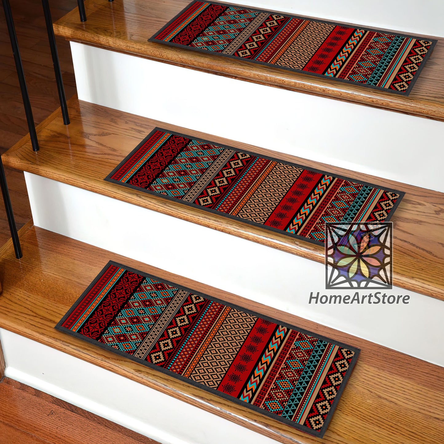 Aztec Stair Step Rugs, Colorful Ethnic Stair Mats, Tribal Themed Stair Carpet, Boho Style Decor, Bohemian Home Decor