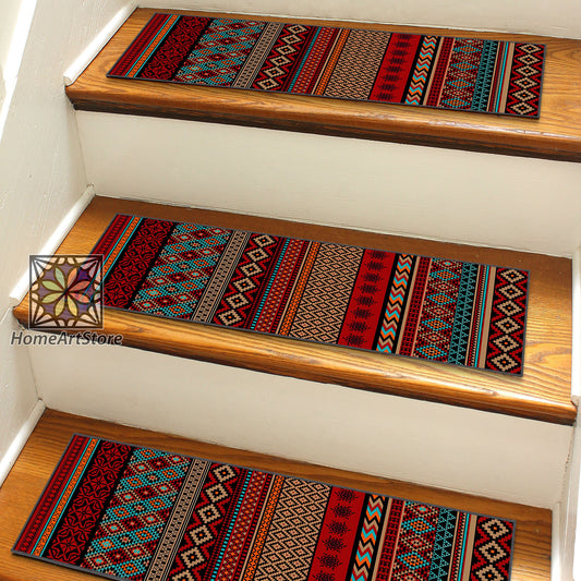Aztec Stair Step Rugs, Colorful Ethnic Stair Mats, Tribal Themed Stair Carpet, Boho Style Decor, Bohemian Home Decor