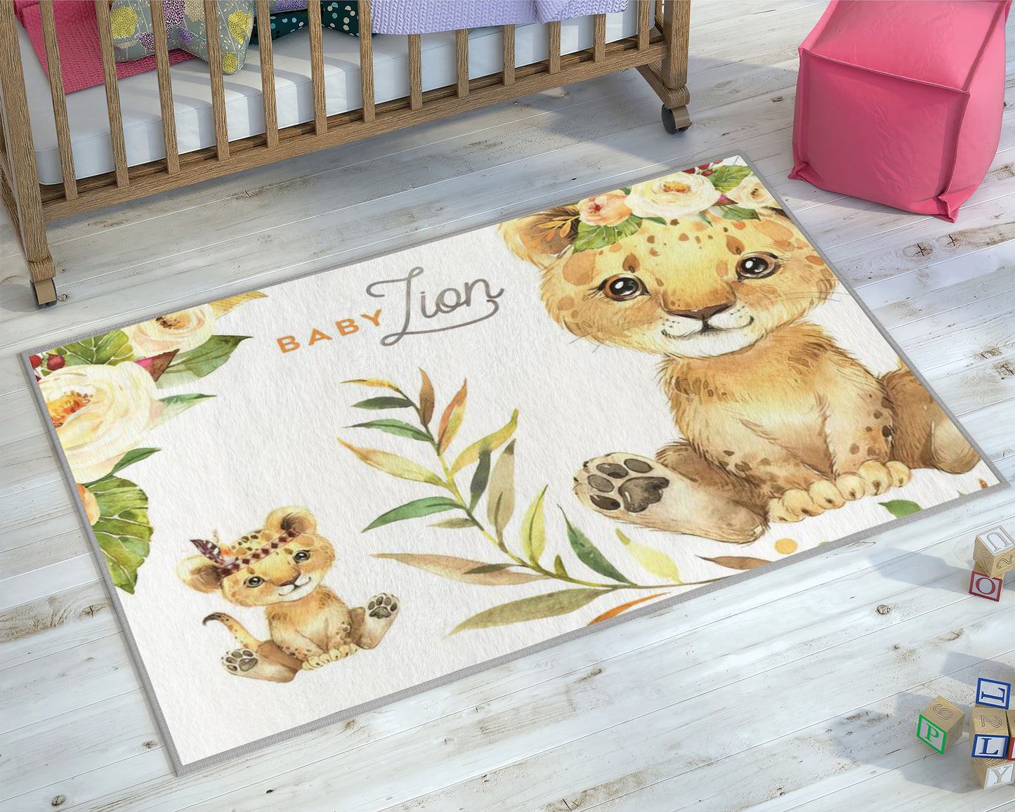 Baby Lion Rug, Cute Animal Carpet, Floral Mat, Baby Room Decor, Nursery Rug, Baby Gift