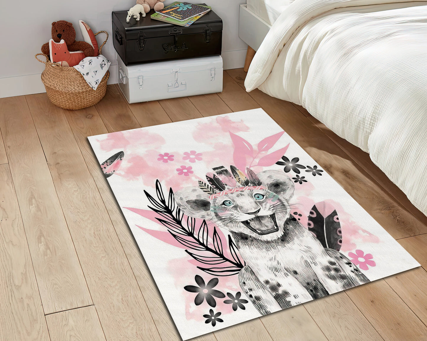 Baby Lion Rug, Cute Nursery Play Mat, Baby Shower Decor, Kids Room Carpet, Floral Rug