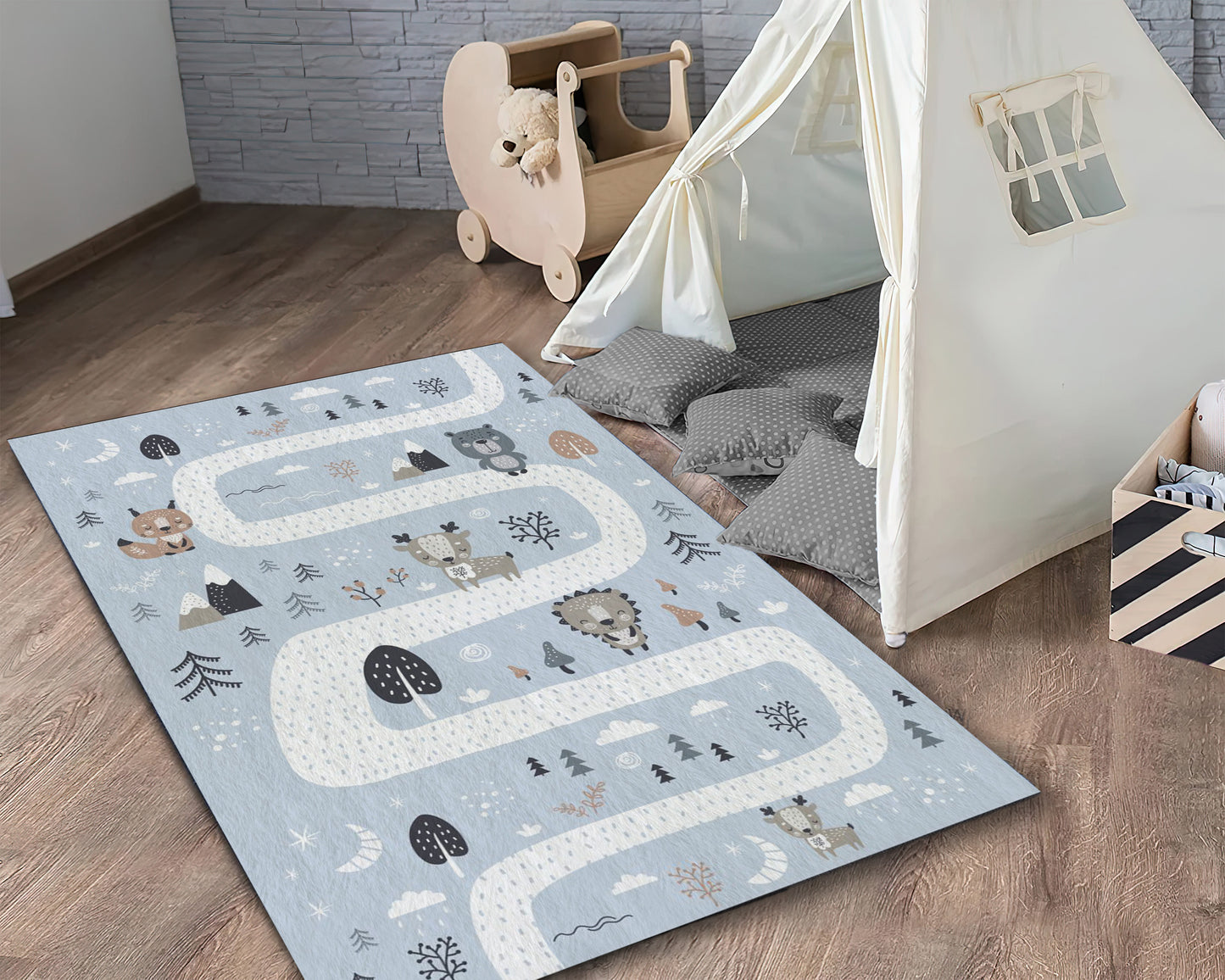 Blue Baby Room Rug, Animal Printed Carpet, Kids Room Mat, Nursery Decor, Baby Gift