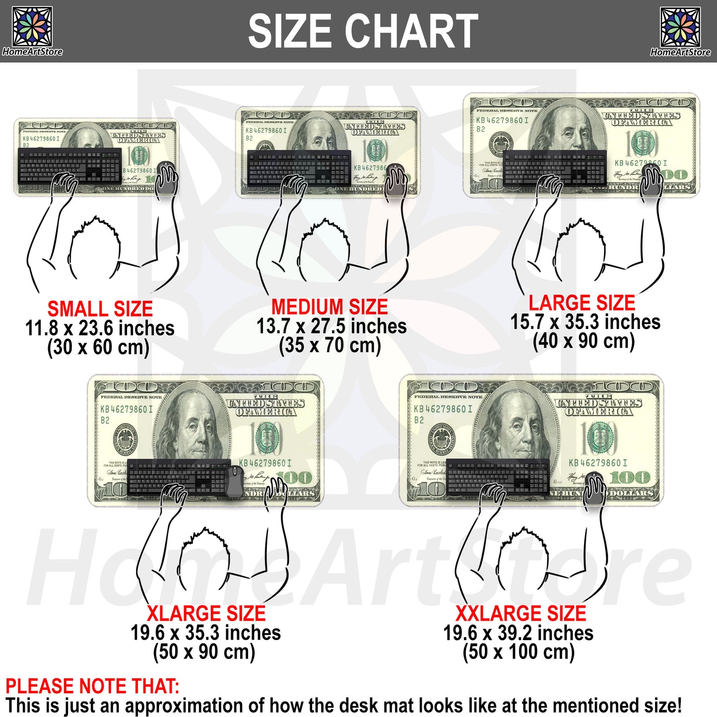 100 Dollar Bill Desk Mat, Benjamin Franklin Money Themed Mousepad, Extra Large Mouse Mat, Office Decor