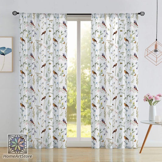Birds Pattern Curtain, Plant Themed Natural Curtain, Modern Living Room Curtain, Kitchen Animal Decor