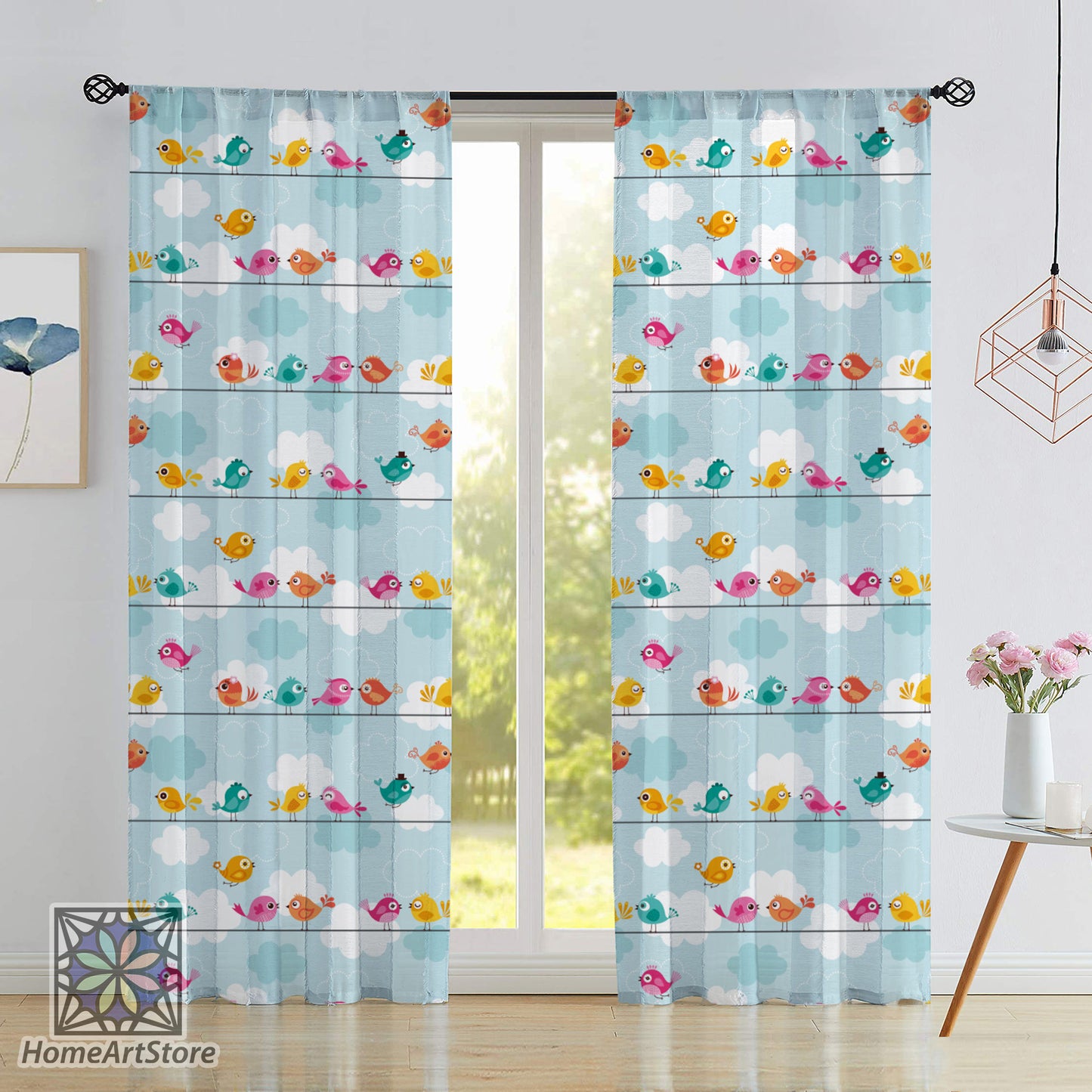 Cute Colorful Birds Pattern Curtain, Nursery Curtain, Children Room Curtain, Kids Decor
