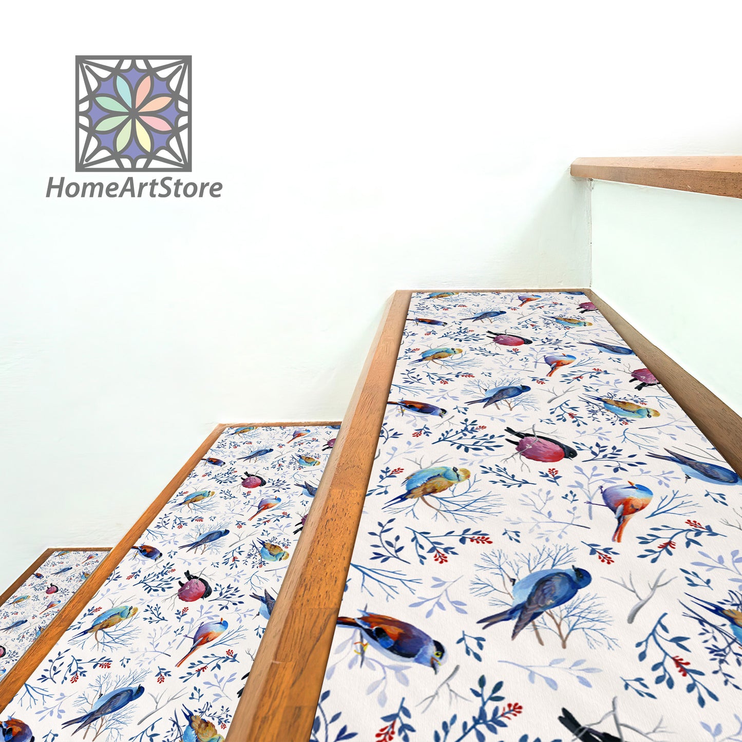 Birds Pattern Stair Rugs, Leaves Pattern Stair Tread Carpet, Colorful Nature Step Mats, Boho Step Carpet, Housewarming Gift