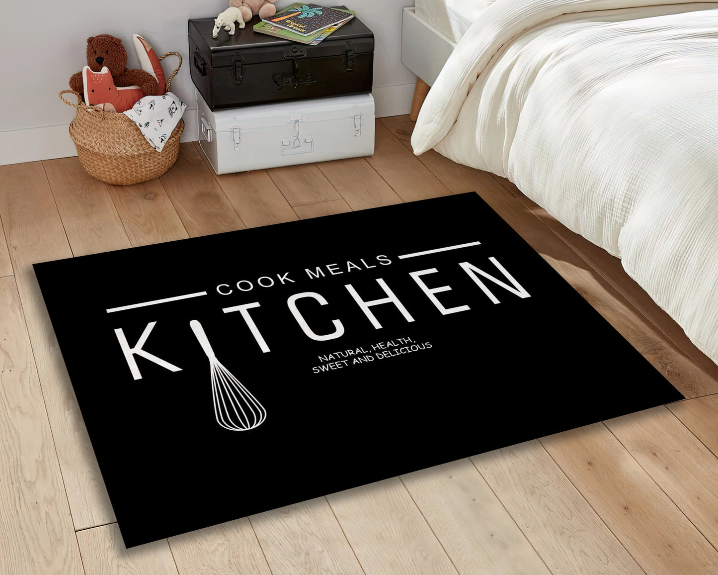 Black Kitchen Text Rug, Cooking Mat, Kitchen Bar Decor, Dining Room Carpet