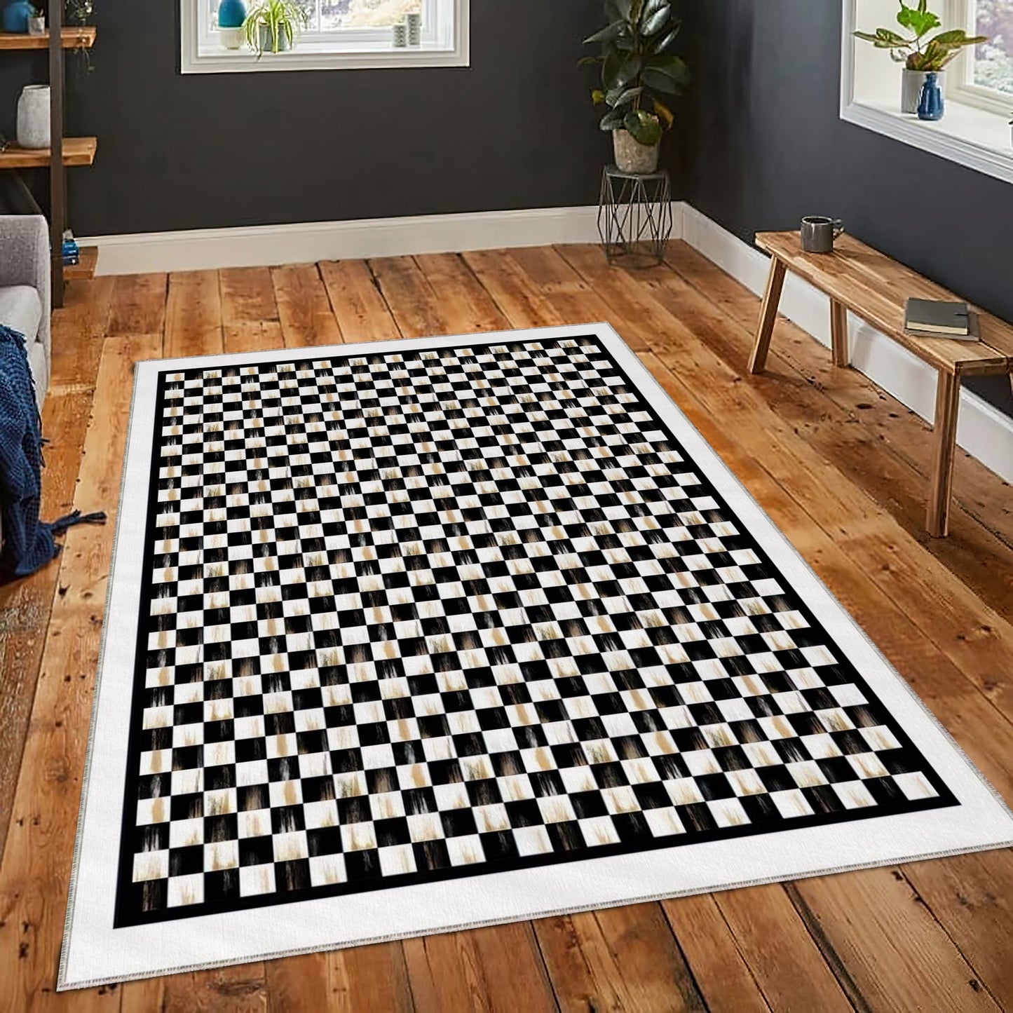 Vintage Checkered Rug, Black and White Kitchen Mat, Luxury Living Room Carpet, Geometric Illusion Decor