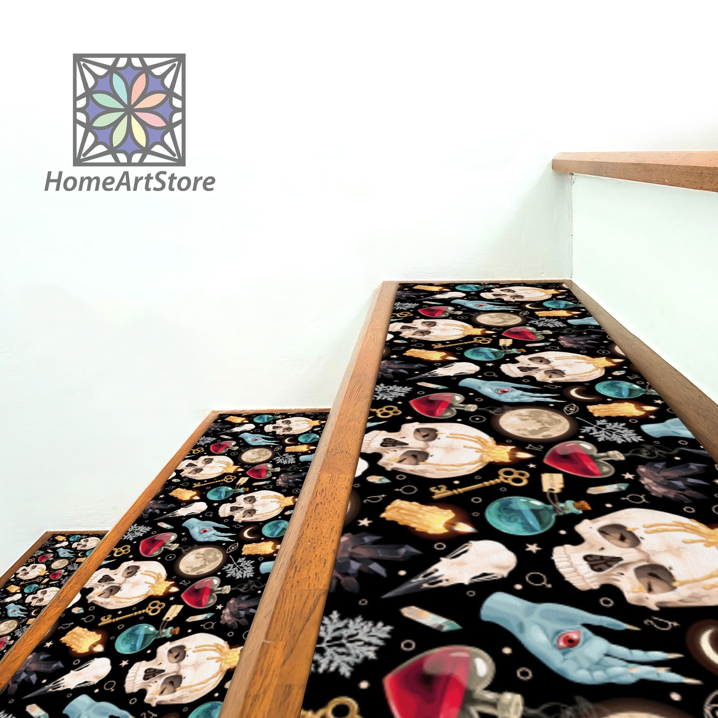 Witchcrafts Pattern Stair Rugs, Black Gothic Stair Mats, Horror Decor, Skull Themed Stair Carpet, Gothic Gift