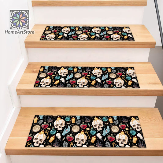 Witchcrafts Pattern Stair Rugs, Black Gothic Stair Mats, Horror Decor, Skull Themed Stair Carpet, Gothic Gift