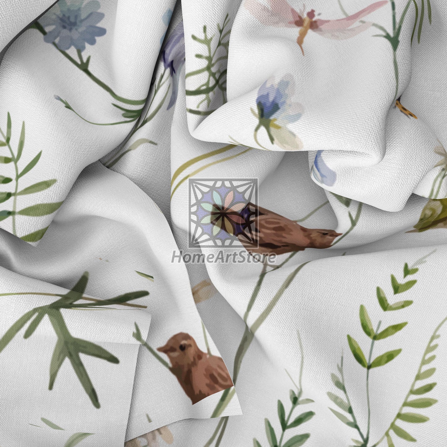 Birds Pattern Curtain, Plant Themed Natural Curtain, Modern Living Room Curtain, Kitchen Animal Decor