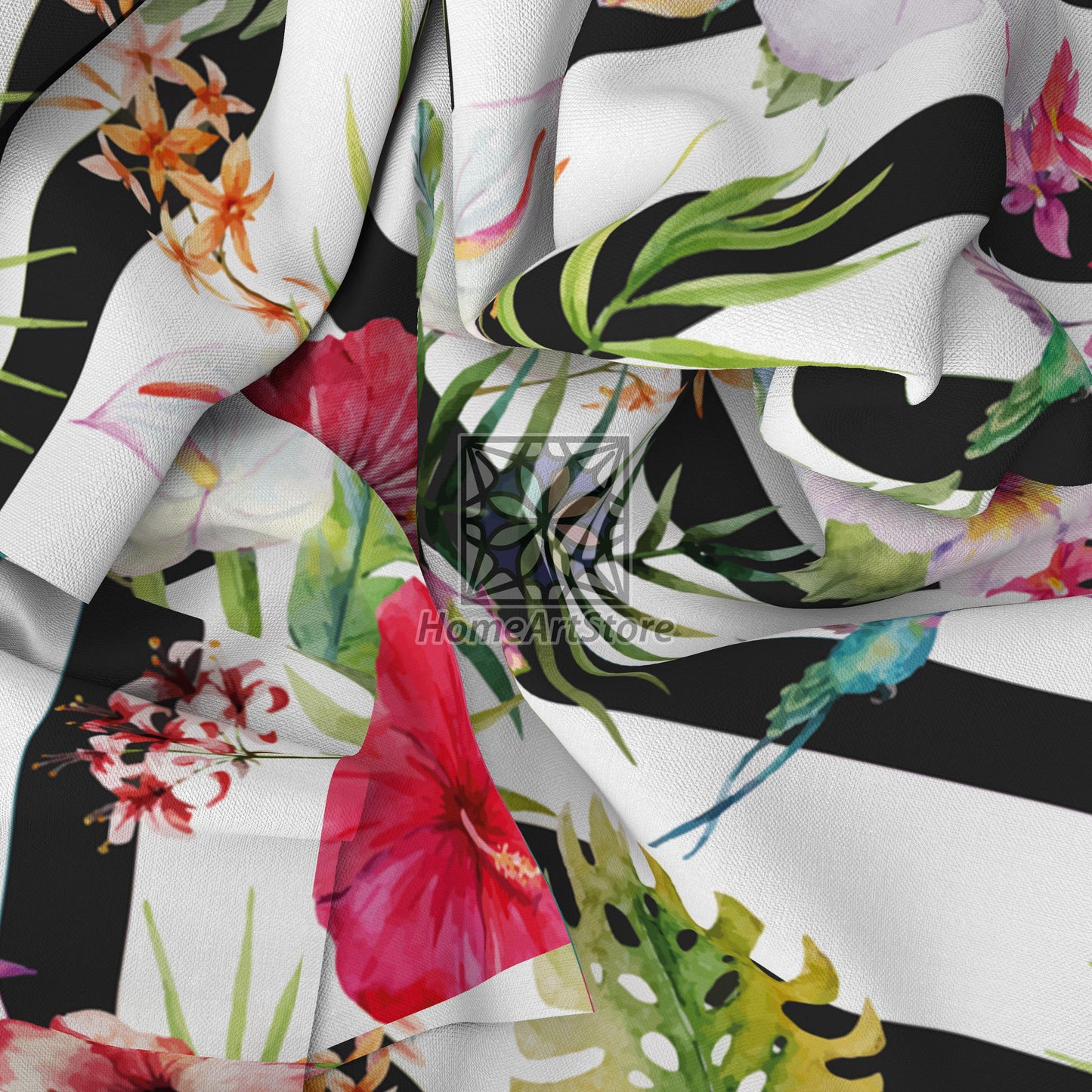 Tropical Floral Themed Curtain, Flower Pattern Curtain, Striped Living Room Curtain, Botanical Decor