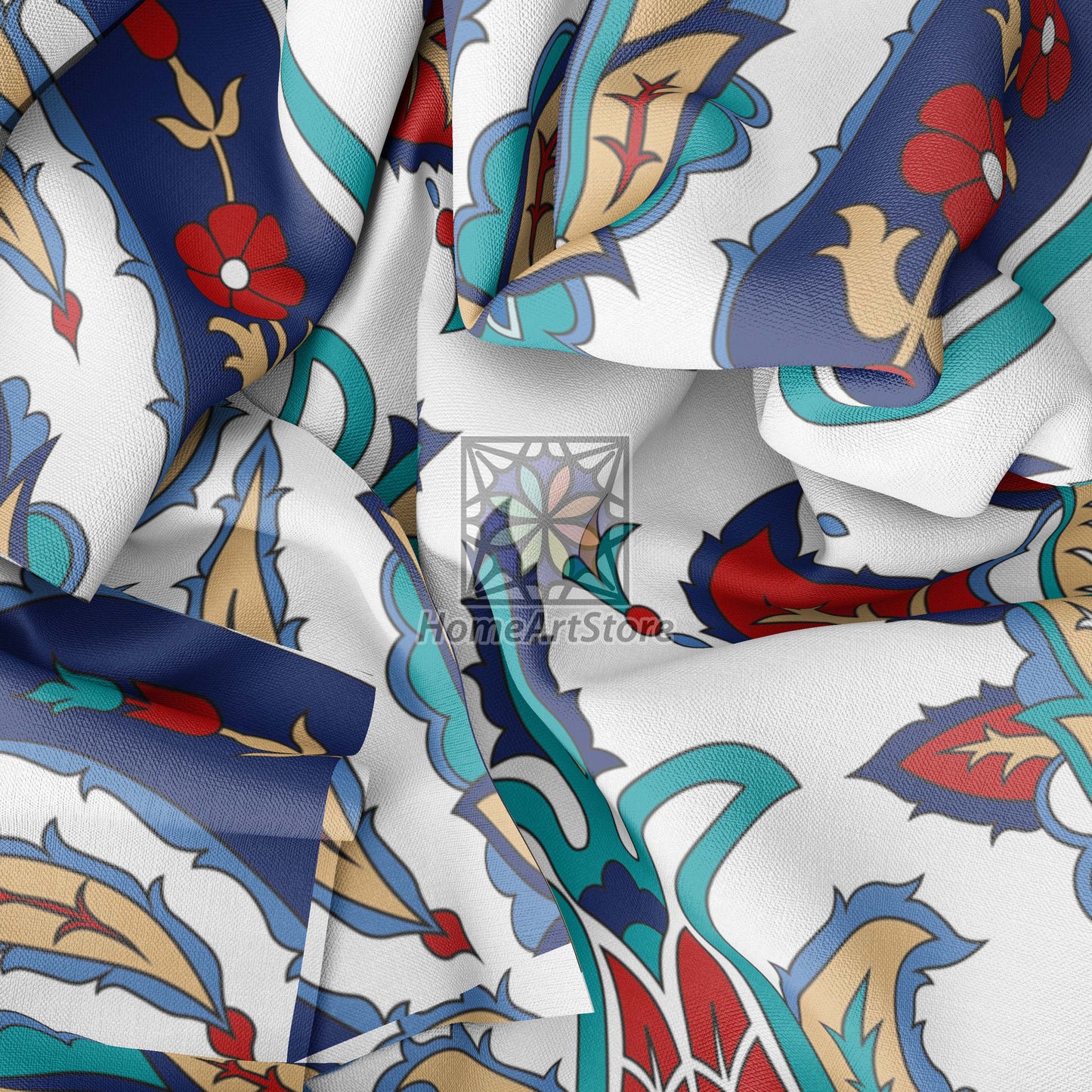 Turkish Ornament Motifs Curtain, Arabic Curtain, Ottoman Curtain, Arabesque Decor, Blue Ceramic Curtain, Living Room Curtain