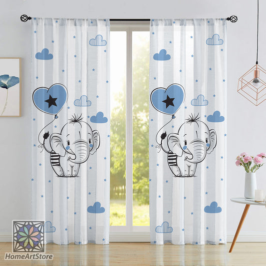 Baby Elephant Curtain, Girl Room Decor, Blue Cute Animal Curtain, Nursery Curtain, Baby Shower Decor