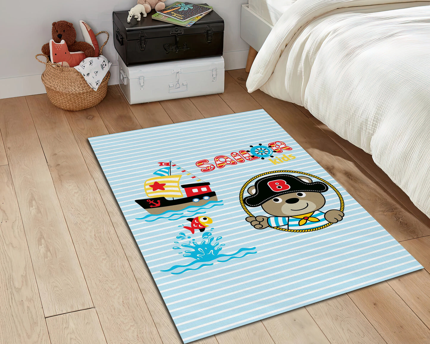 Blue Sailor Rug, Boys Room Carpet, Kids Striped Themed Play Mat, Ship Anchor Decor, Kids Room Rug