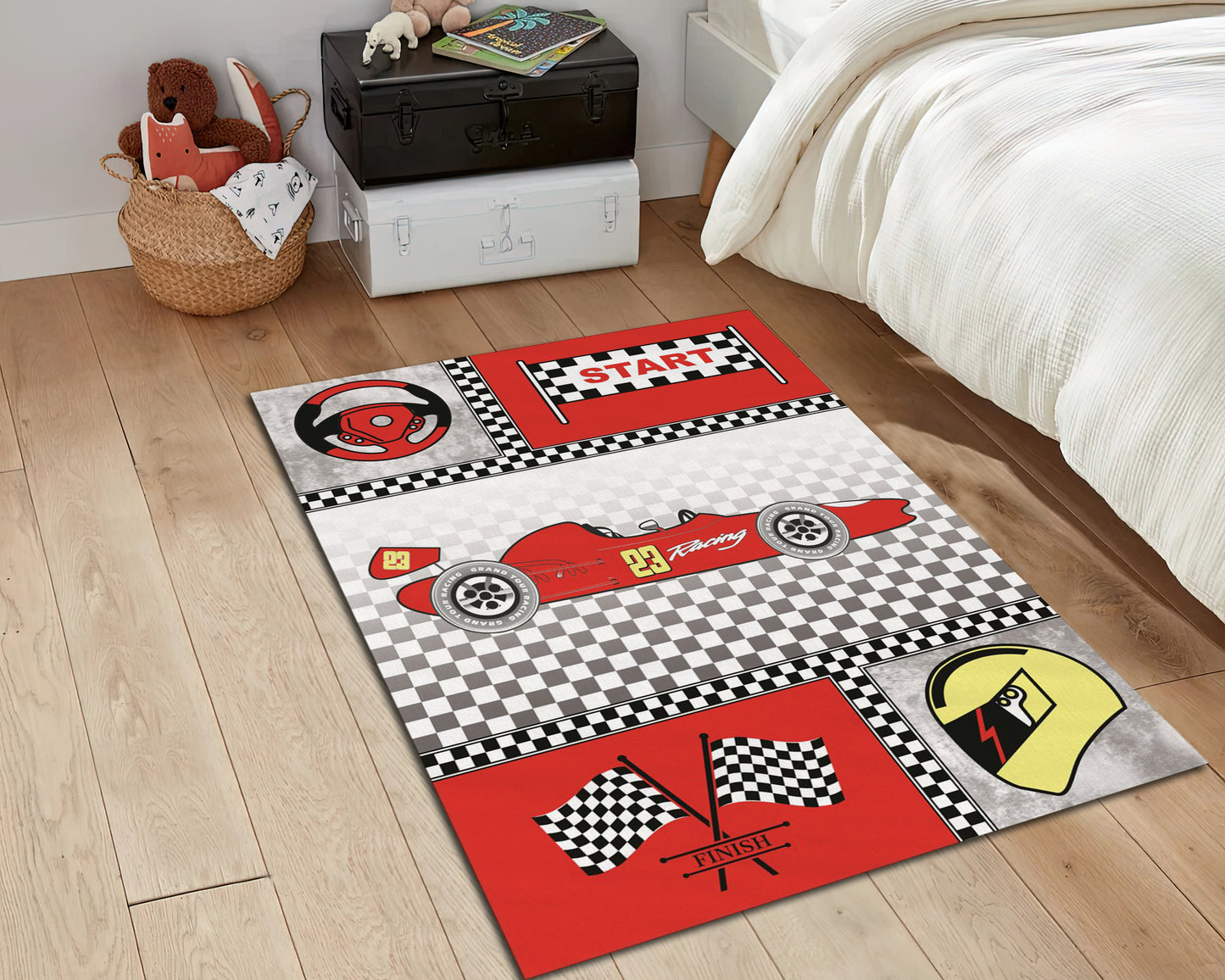 Red Car Themed Rug, Boys Room Carpet, Kids Play Room Mat, Cute Nursery Decor, Baby Gift