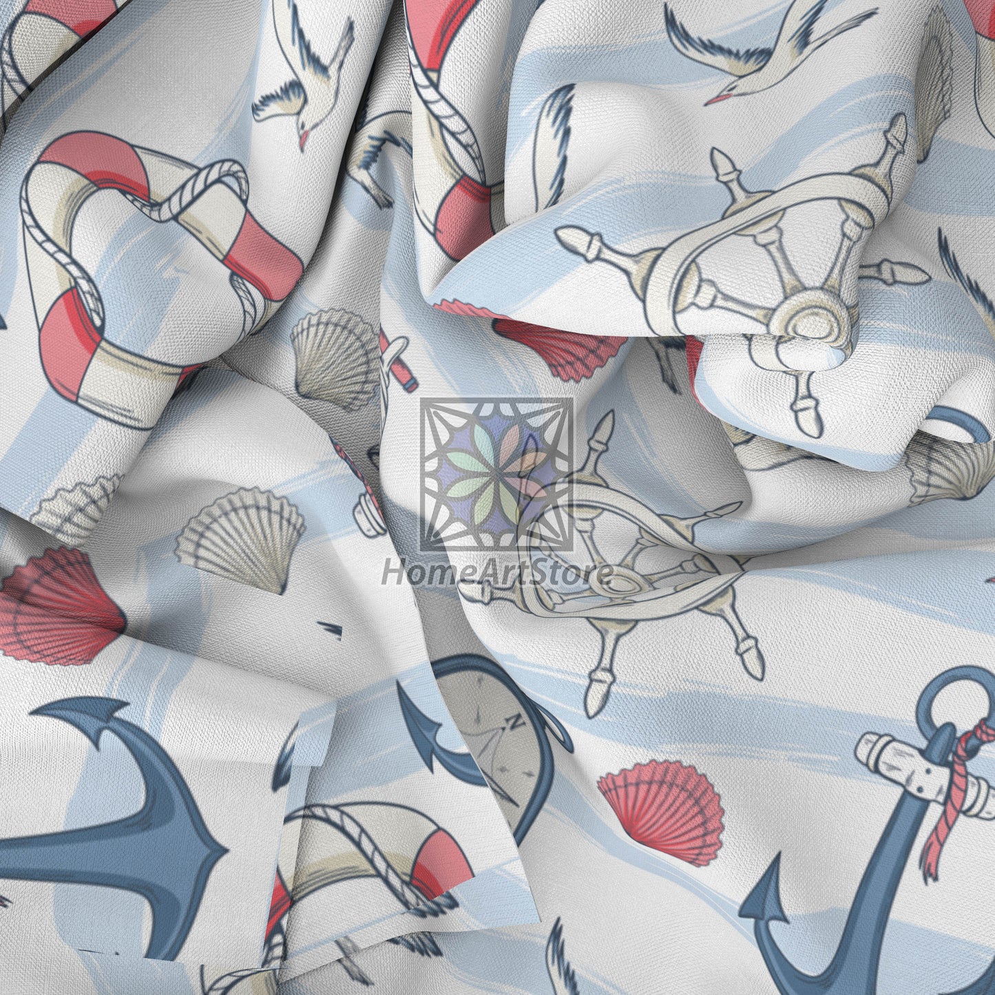 Nautical Themed Curtain, Baby Boys Room Curtain, Seagulls, Lifebuoys, Anchors, Seashells, Nursery Curtain, Ocean Decor, Baby Shower Gift