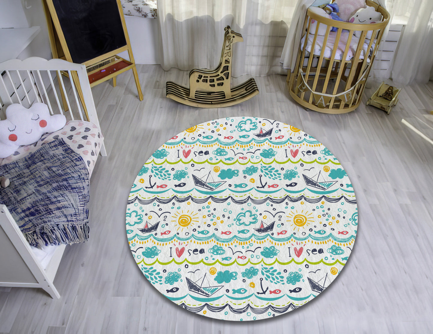 Sea Boat Themed Rug, Blue Anchor Carpet, Boys Room Mat, Nursery Decor, Baby Gift