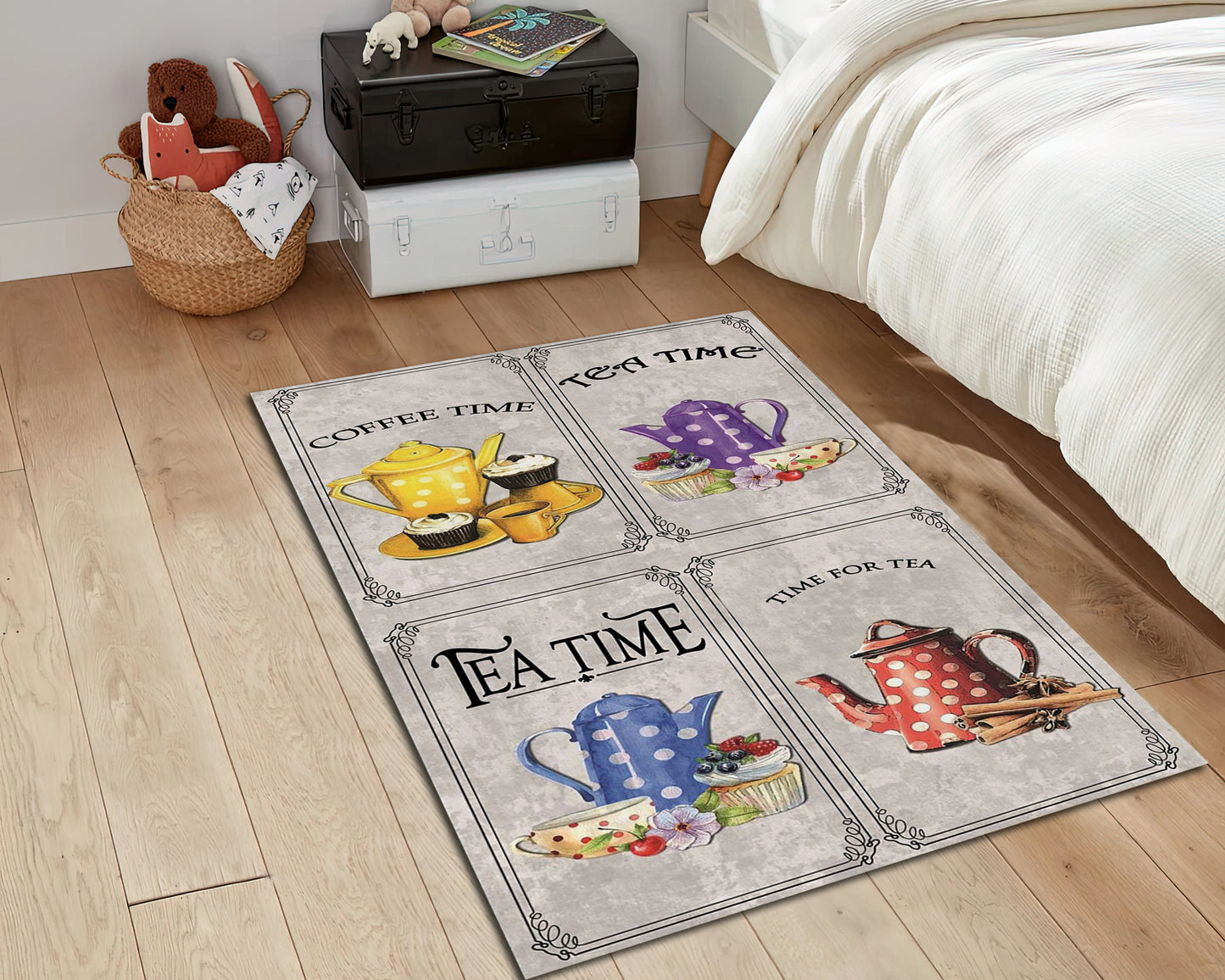 Vintage Kitchen Rug, Coffee Time Printed Carpet, Home Decor, Tea Time Mat, Cooking Mat
