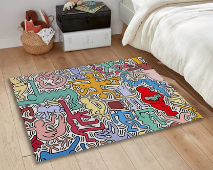 Colorful Keith Haring Pop Art Rug, Abstract Home Decor, Keith Haring Dancing Carpet, Iconic Artist Mat, Retro Art Floor Covering