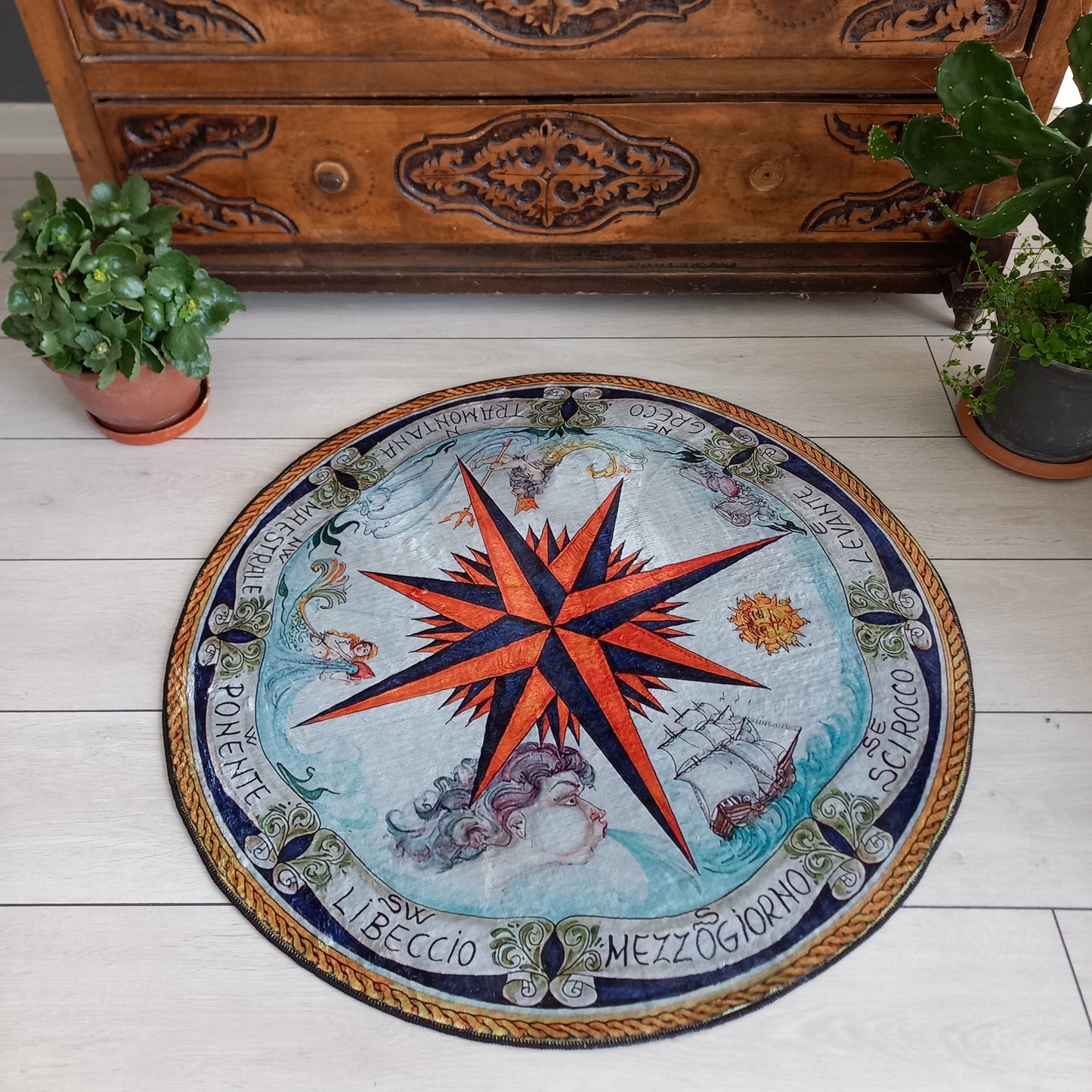 Compass Rose Rug - Yacht Round Carpet for Office Mat- Entrance Decor