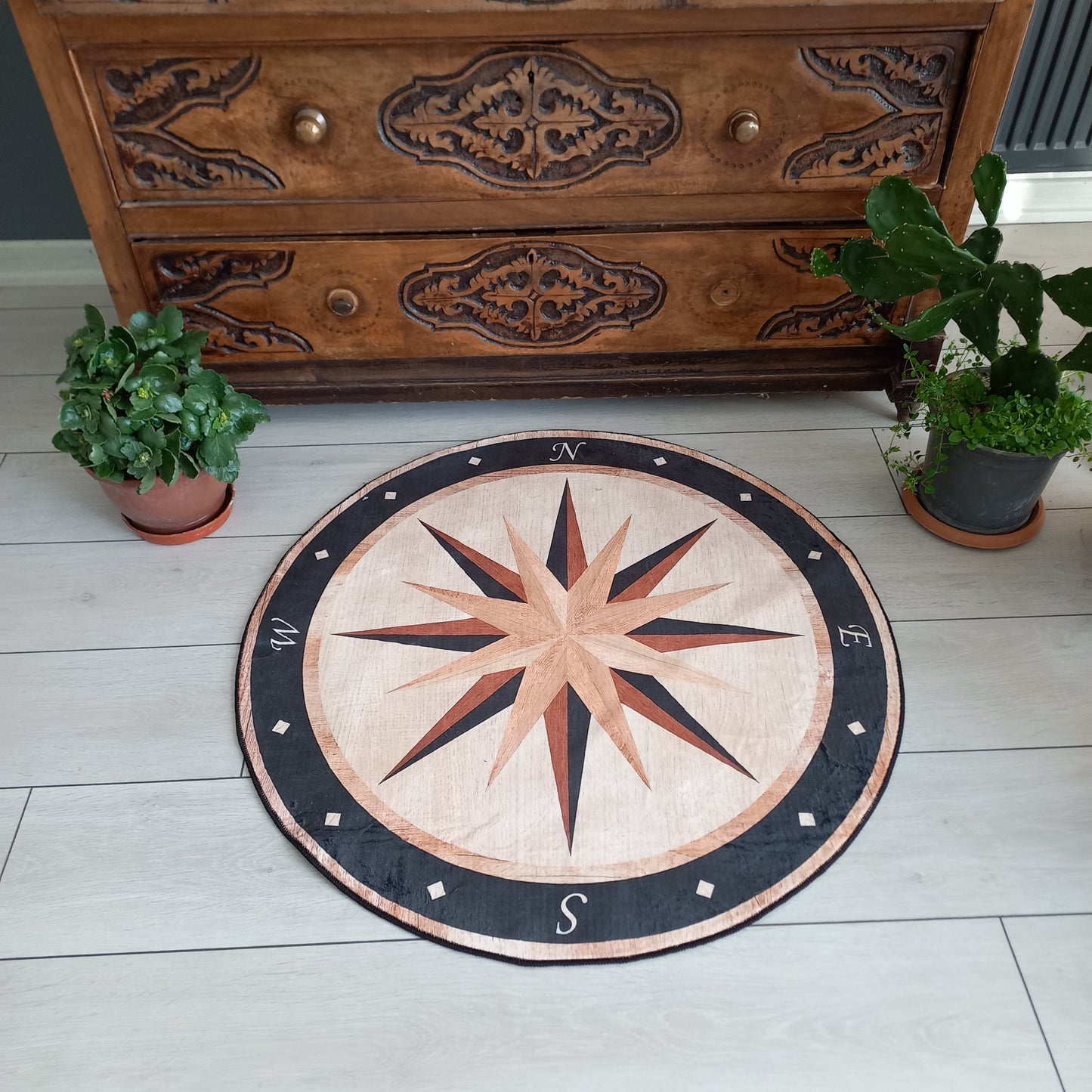 Compass Rug, Entrance Mat, 3D Real Looking, Office Decor, Yacht Round Carpet
