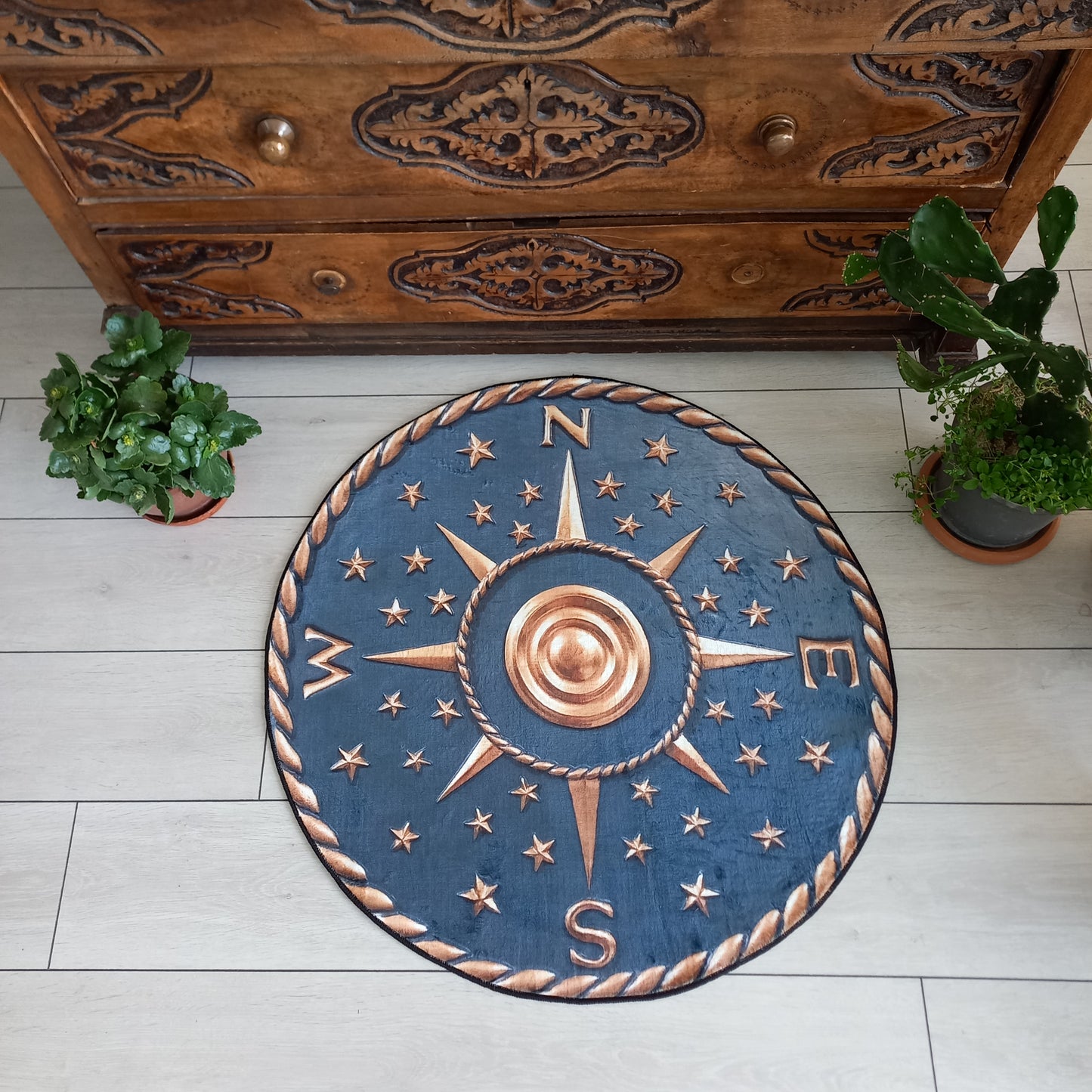 3D Looking Navy Compass Rug, Compass Rose Carpet, Ocean Coastal Home Decor, Cool Yacht Round Mat