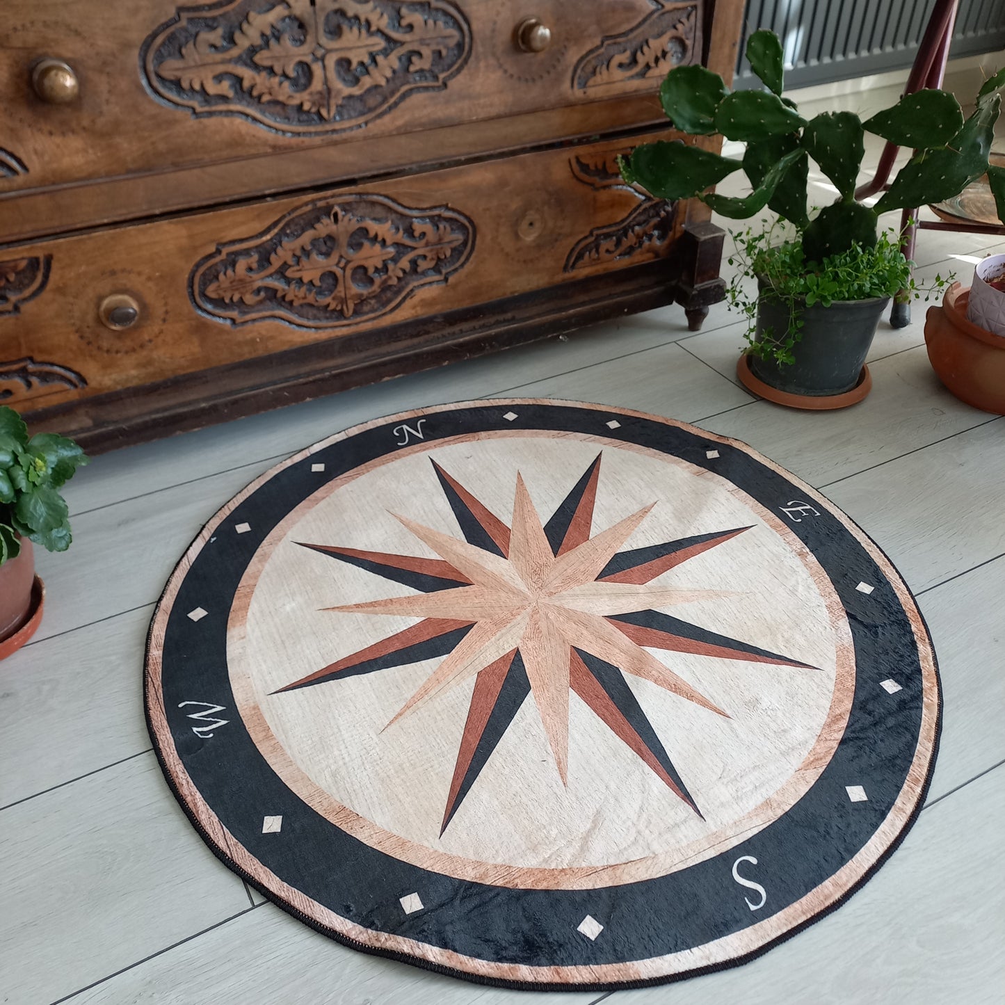 Compass Rug, Entrance Mat, 3D Real Looking, Office Decor, Yacht Round Carpet