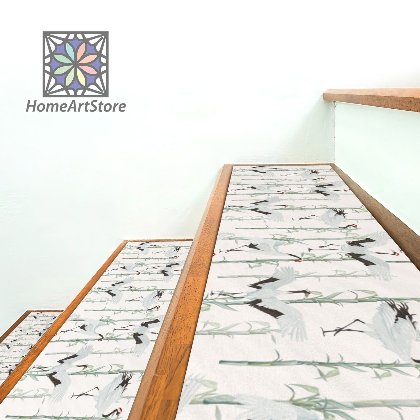 Crane Birds Stair Rugs, Bamboo Pattern Stair Tread Carpet, Non-Slip Stair Step Mats, Asian Home Decor, Boho Step Rug
