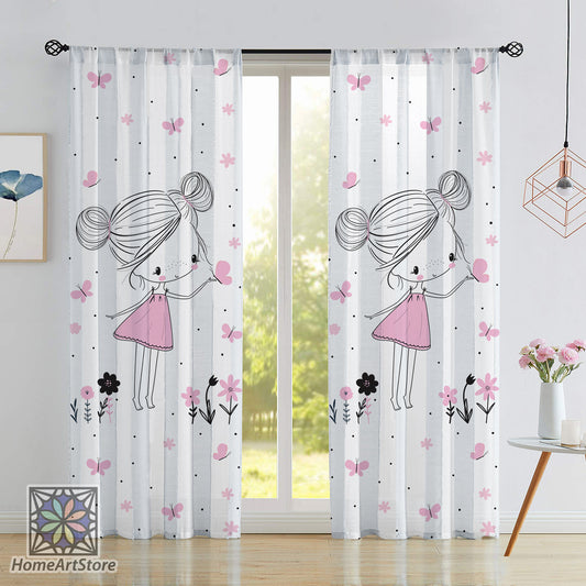 Cute Girl Printed Curtain, Kids Room Curtain, Flower and Butterfly Themed Curtain, Girl Room Curtain, Nursery Decor