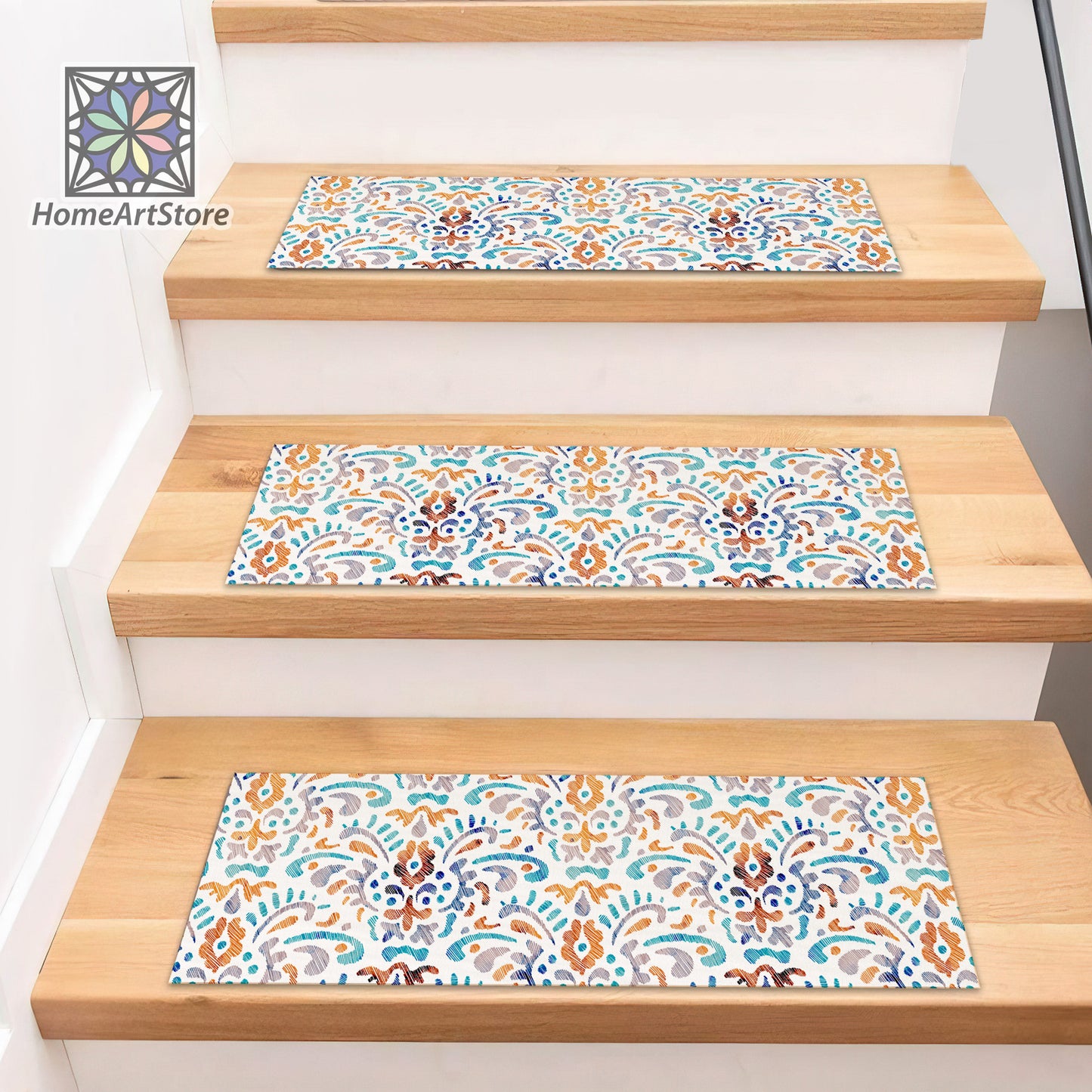 Turkish Motif Stair Rugs, Colorful Embroidered Carpet, Bohemian Stair Step Mats, Boho Style Decor, Decorative Abstract Step Mat
