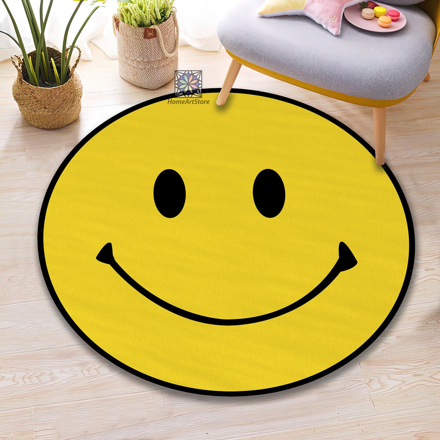 Emoji Rug, Yellow Color Smiley Carpet, Smiley Face Round Mat, Kids Room Rug, Gift For Kids